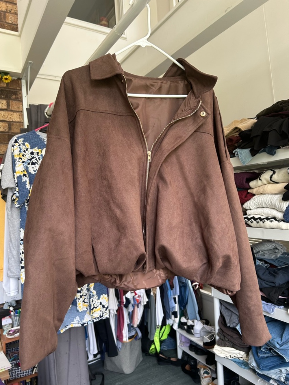 Women's Brown Bomber Jacket with Zip Front